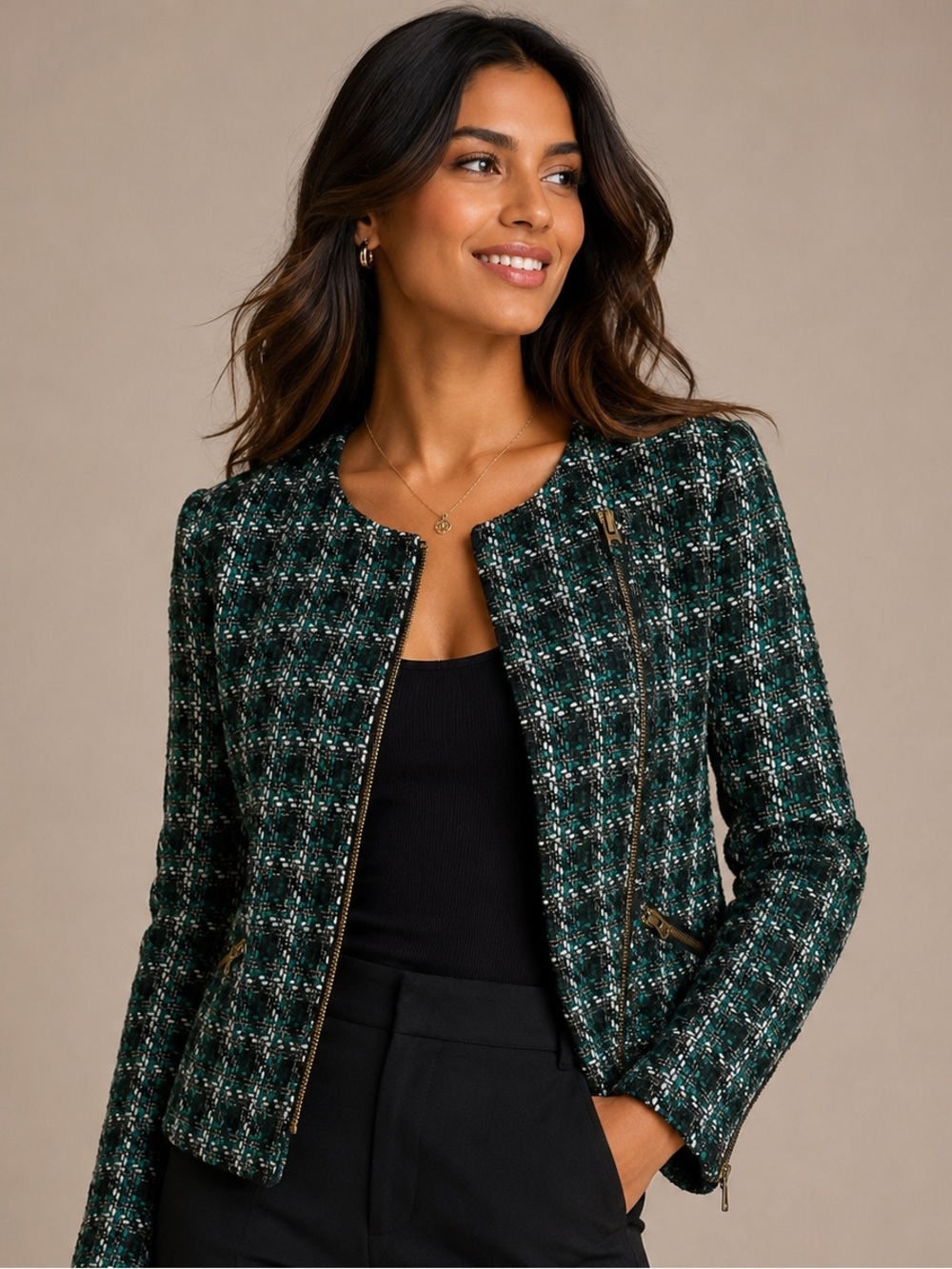Lucky Brand Collection Harper Teal Tweed Moto Jacket Gold Zip M